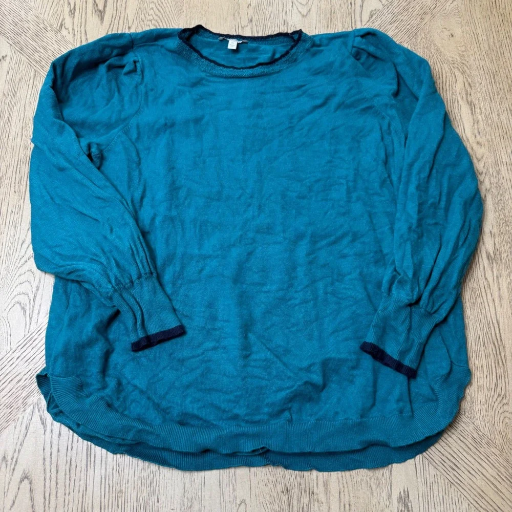 Crown & Ivy Women's XL Teal Blue Long Sleeve Knit sweater Dark‎ Trim Pullover